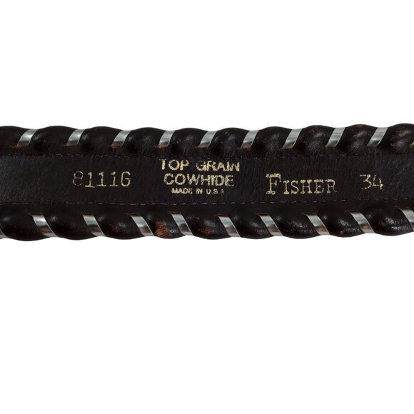 Vintage Fisher Brown Leather Backstitch Gold Silver Buckle Belt Size 34 Western - Picture 7 of 8